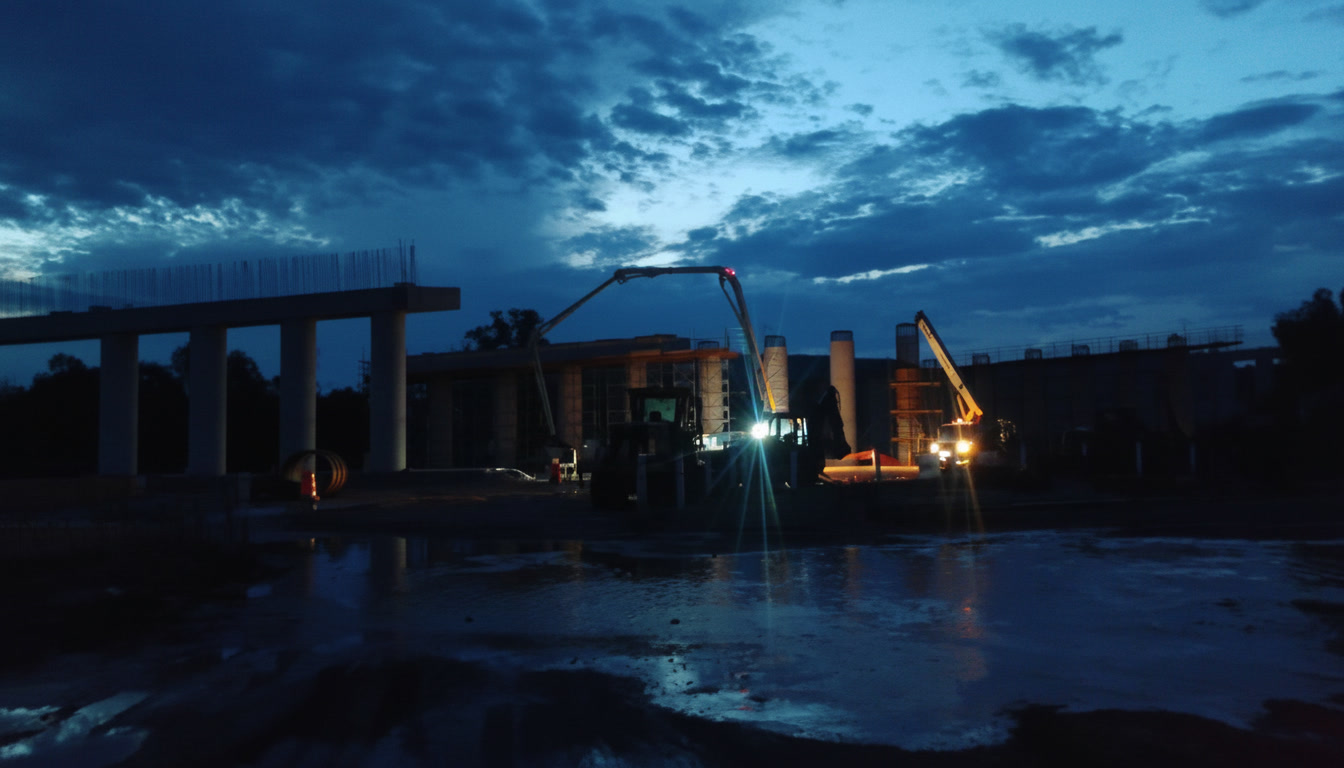 Trabajos de construcción al anochecer